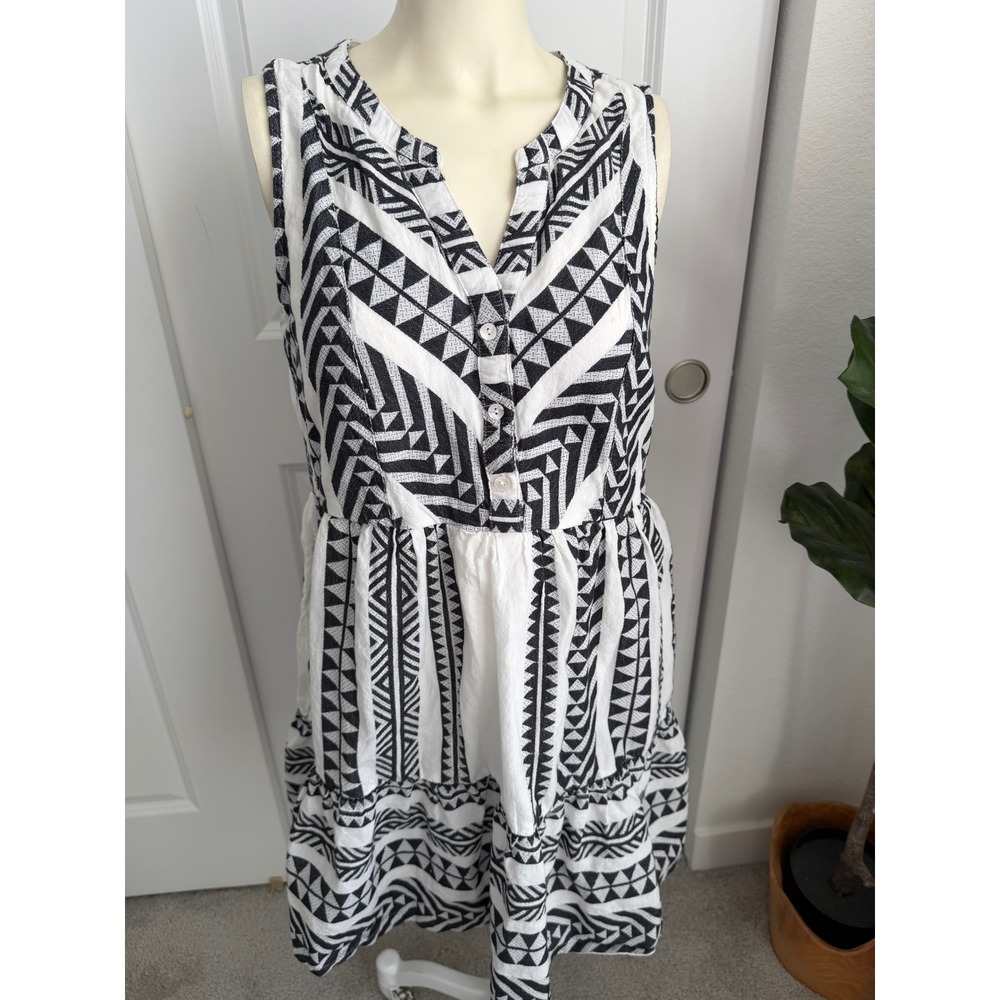 Tribal Womens Black White Geometric Print Sleeveless Tiered Boho Dress Size PS